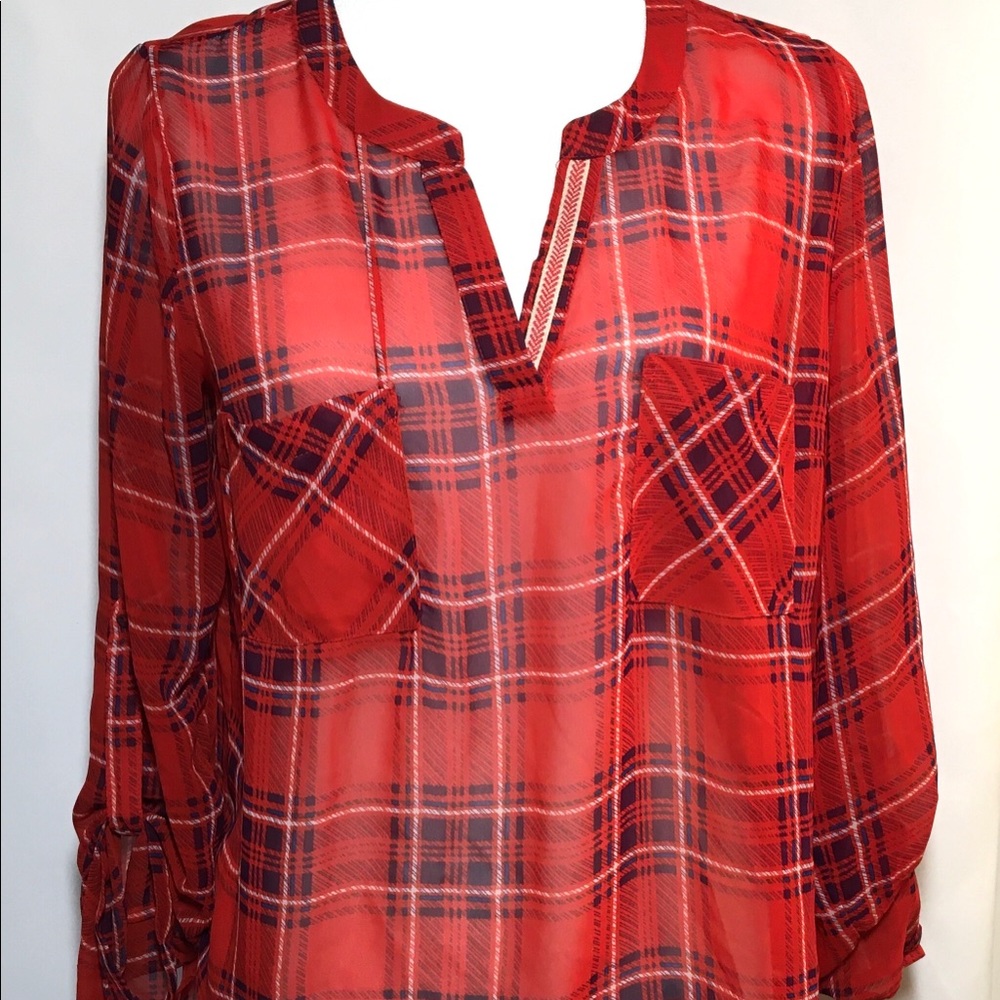 SKIES ARE BLUE SHEER TARTAN RED PLAID  BLOUSE-MED.